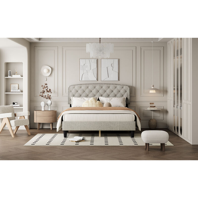 Queen size Adjustable Headboard with Fine Linen Upholstery and Button Tufting for Bedroom, Wave Top cream White