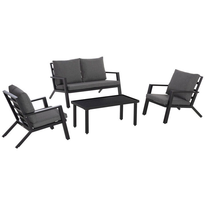 4pc Outdoor Furniture Set, Sofa, 2 Chairs, Coffee Table, Padded Cushions, Black