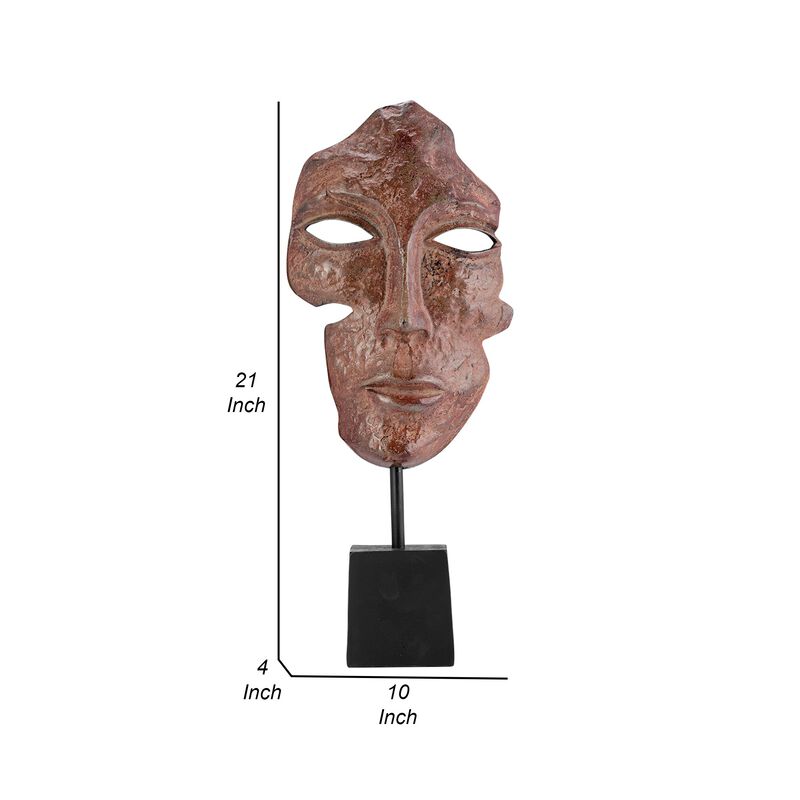21 Inch Sculpture, Partial Face, Black Base, Brick Patina Metal Finish - Benzara