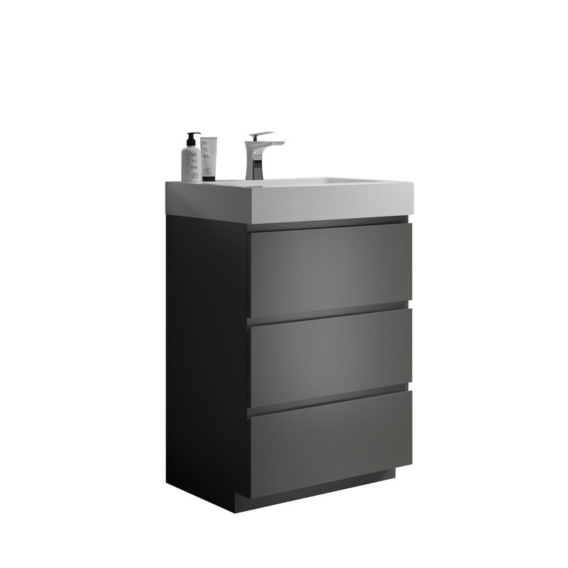 Alice 24" Gray Bathroom Vanity with Sink, Large Storage Freestanding Bathroom Vanity for Modern Bathroom, One-Piece White Sink Basin without Drain and Faucet