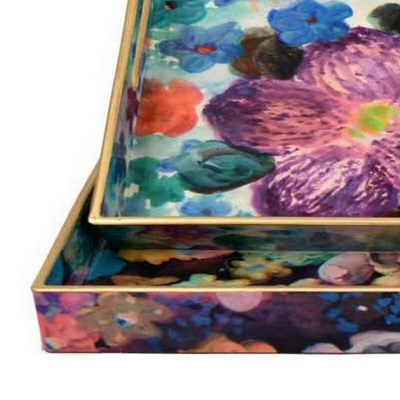 Set of 2 Decorative Trays, Floral Print Design, Cutout Handles, Multicolor - Benzara