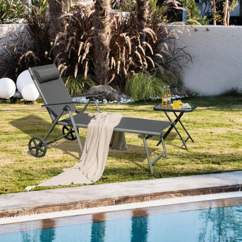 Hivvago Adjustable Patio Folding Chaise Lounge Chair with Wheels