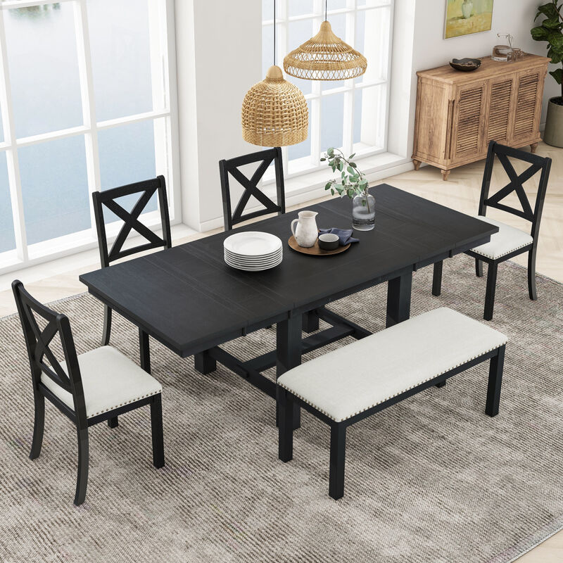 Farmhouse 82inch 6Piece Extendable Dining Table with Footrest, 4 Upholstered Dining Chairs and Dining Bench, Two 11"Removable Leaf, Black+Beige Cushion