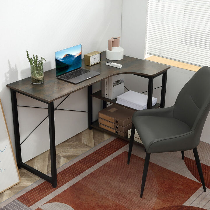 Dark Grey Corner Office Desk: L-shaped workstation with adjustable footpads and premium particle board construction.