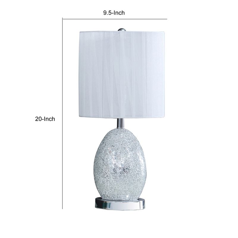 20 Inch Glass Table Lamp, 9W LED, 3 Way Switch, Egg Shape, Silver-Benzara