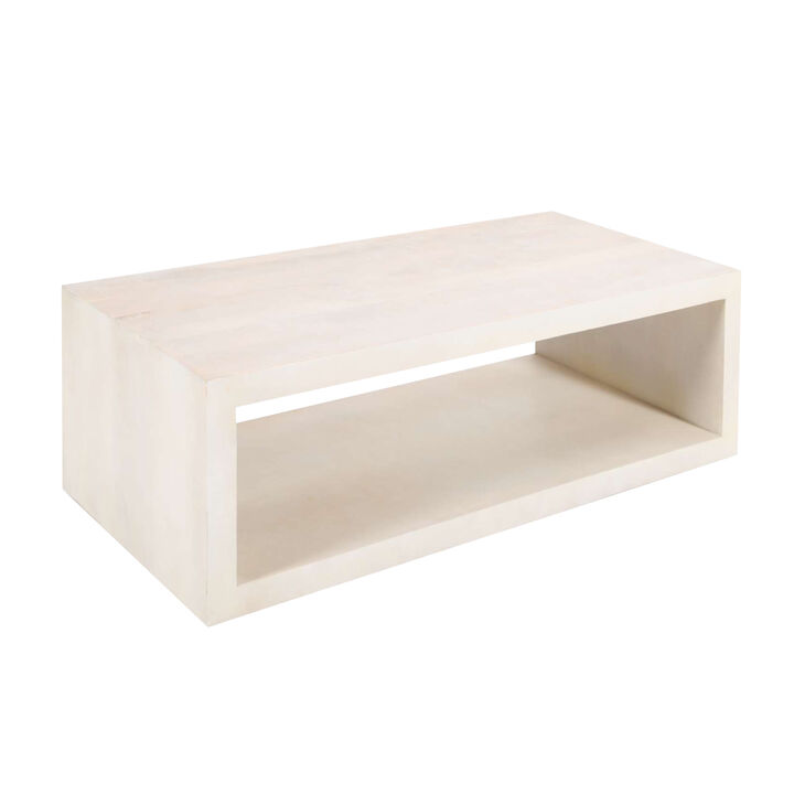 Keli Coffee Table, 58 Inch Minimalist Open Frame, Rustic Washed White Mango Wood