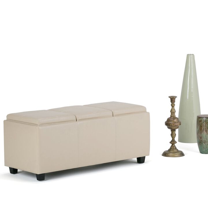 Simpli Home Avalon Storage Ottoman In Satin Cream Vegan Faux Leather