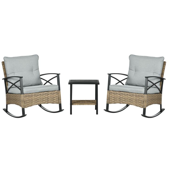 3 Piece Rocking Wicker Bistro Set, Outdoor Patio Furniture Set with two Porch Rocker Chairs, Cushions, Two-Tier Coffee Table for Garden, Backyard, Light Gray