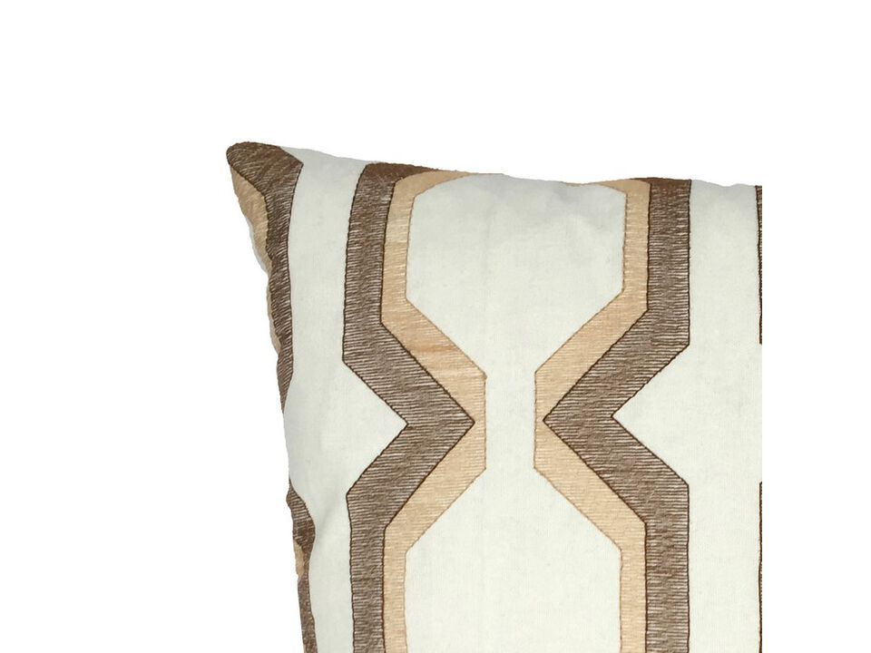 Contemporary Cotton Pillow with Geometric Embroidery, Brown and White- Benzara