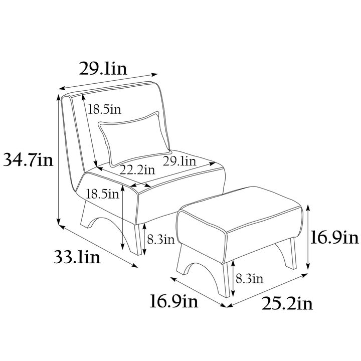 29.13" Wide Accent Chair with Ottoman lounge Armless chair Upholstered Reading Chair Single Sofa with Walnut Wooden Leg and Throw Pillow for Living Room Bedroom Dorm Room Office, Gray Corduroy