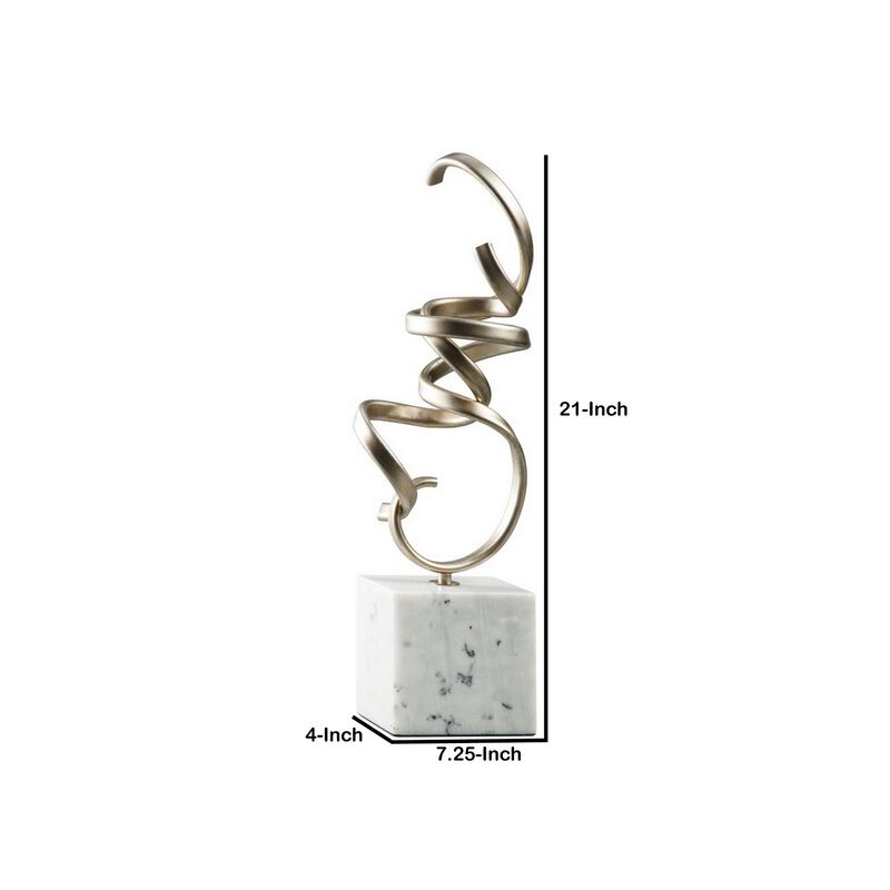 Twisted Scrolled Metal Sculpture with Marble Base, Champagne Gold and White-Benzara