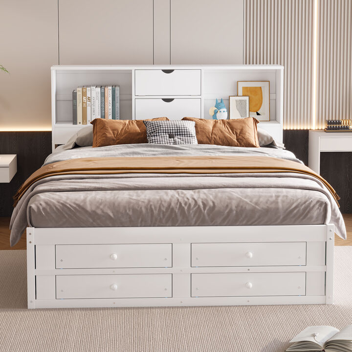 Whisen King Size Platform Bed with Storage Headboard and 8 Drawers
