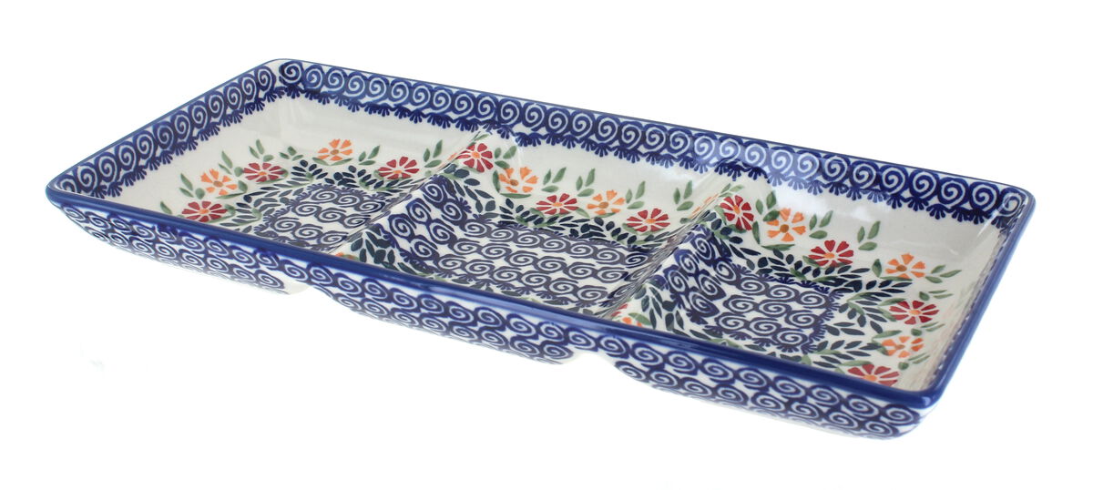 Blue Rose Polish Pottery Blue Violet 3 Section Serving Dish