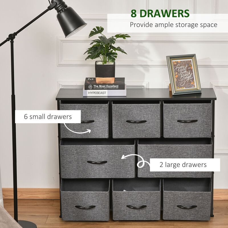 8-Drawer Dresser, 3-Tier Fabric Chest of Drawers, Storage Tower Organizer Unit with Steel Frame Wooden Top for Bedroom, Hallway, Dark Grey