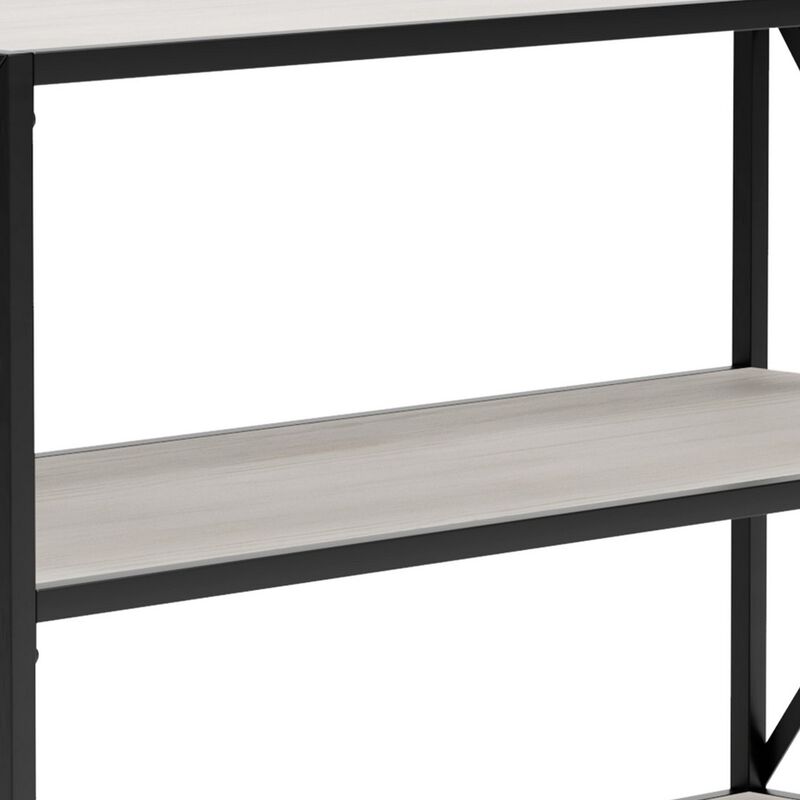 Gem 40 Inch Metal Console Sideboard Table, 3 Shelves, X Side Accents, Black, Whitewash-Benzara