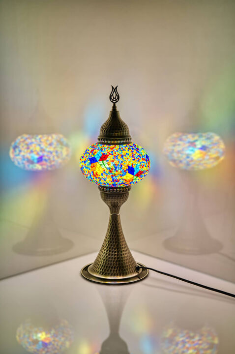 16 in. Handmade Elite Multicolor Little Star Mosaic Glass Table Lamp with Brass Color Metal Base