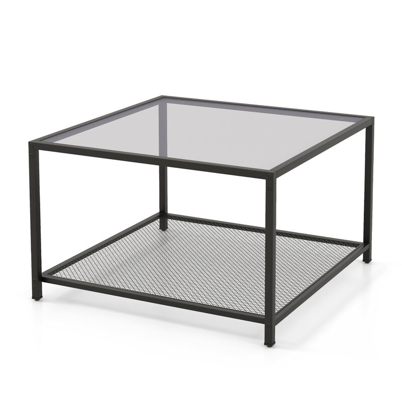 Modern 2-Tier Square Glass Coffee Table with Mesh Shelf