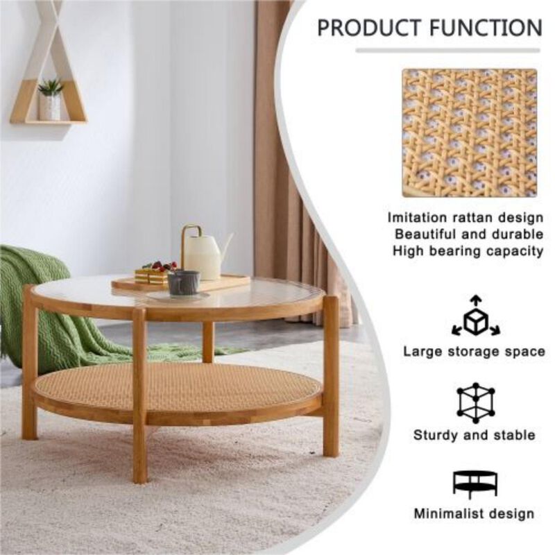 Modern simple circular double-layer solid wood tea table rattan woven Chinese side table small round table suitable for living room, dining room and bedroom