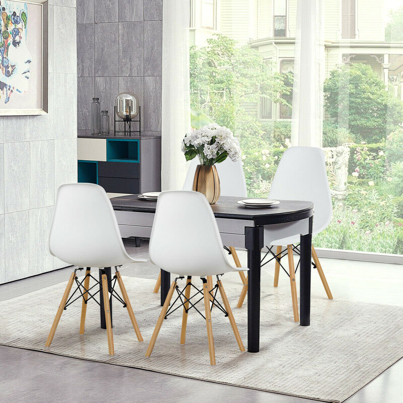 Costway Set of 4 Modern Dining Side Chair Armless Home Office w/ Wood Legs White