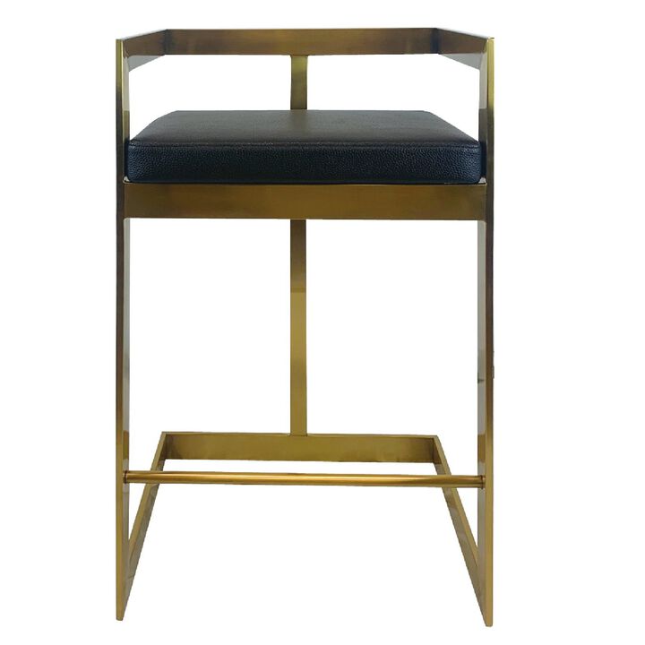 Keyn 26 Inch Counter Stool Chair, Faux Leather, Steel Base, Black, Gold - Benzara