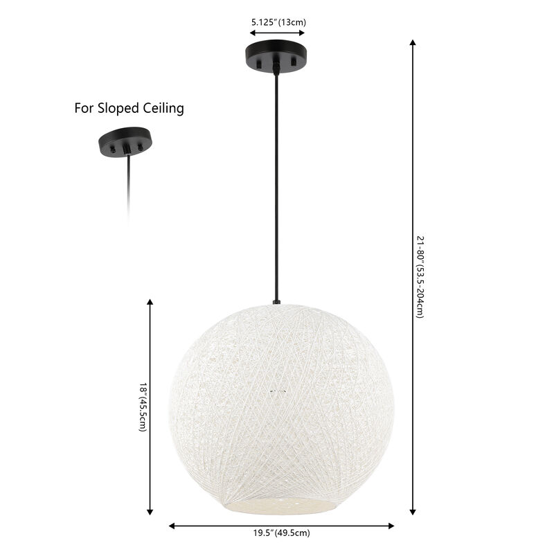 Lacey 19.5" 1-Light Bohemian Minimalist Iron/Rope Woven Globe LED Pendant, White/Black