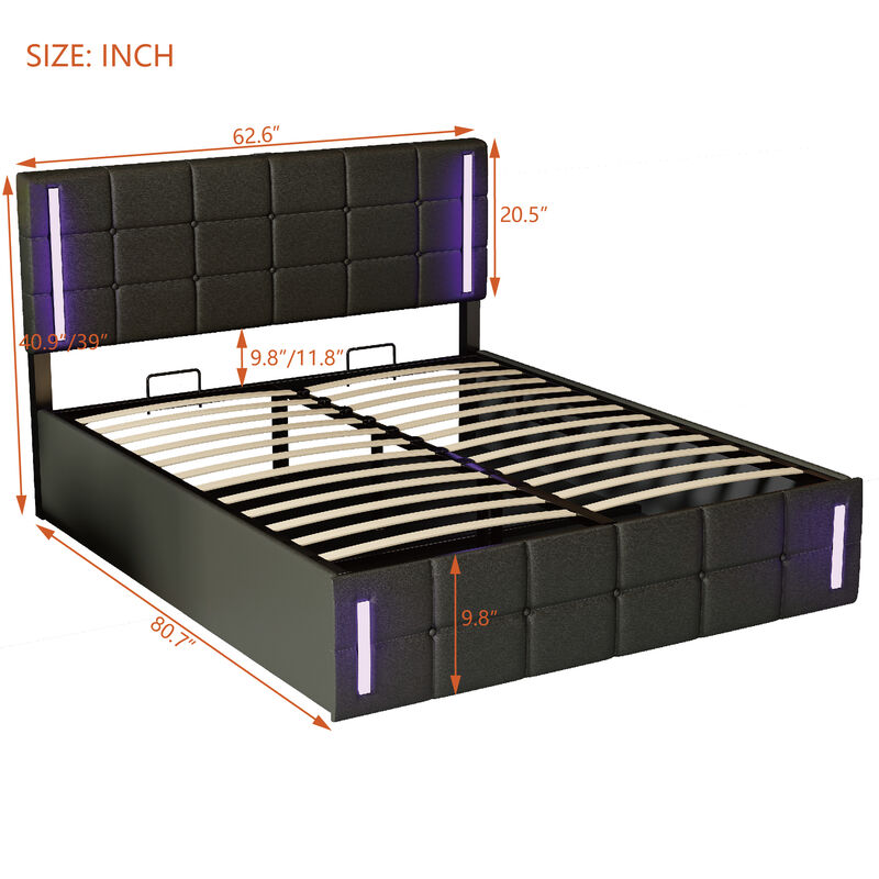 Storage Bed Frame Upholstered Platform Bed with LED Lights