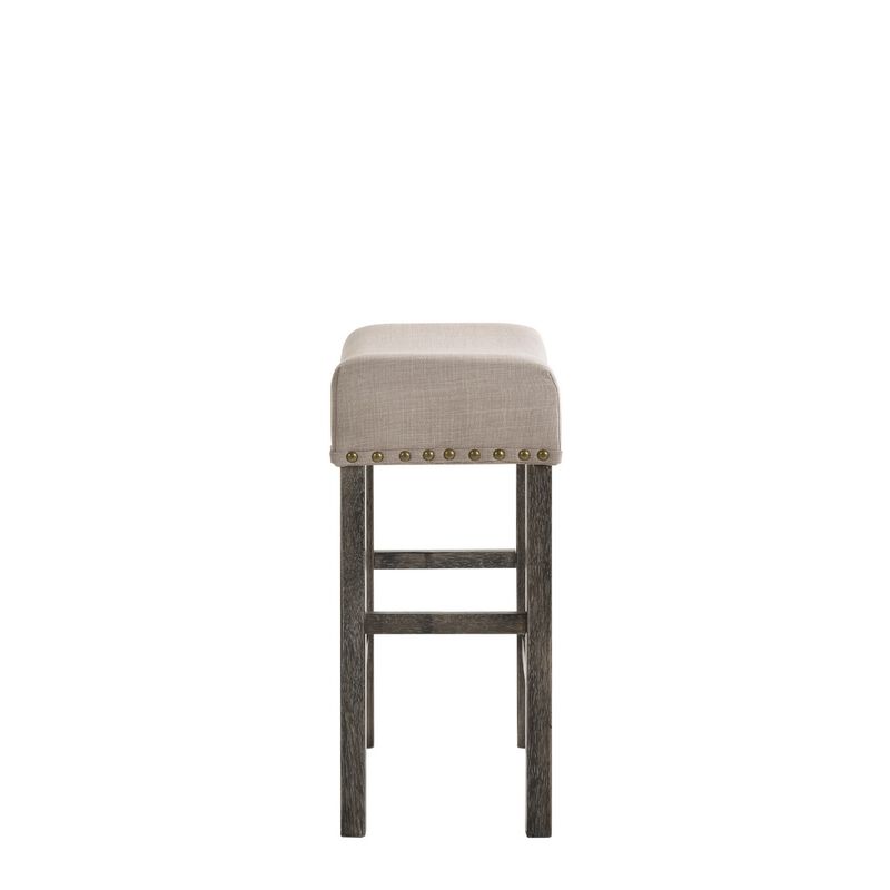 Wooden Counter Height Stool with Linen Upholstered Saddle Seat, Set of 2, Beige and Gray-Benzara