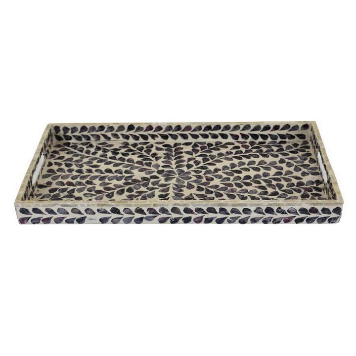 18 Inch Decorative Serving Tray, Rectangular Fern Pattern Purple White Wood - Benzara