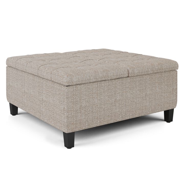 Harrison 36 inch Wide Transitional Square Coffee Table Storage Ottoman in Platinum Tweed Look Fabric