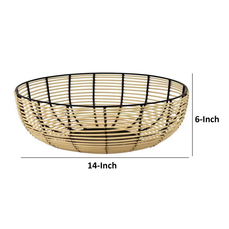 14 Inch Decorative Bowl, Accent Wired Woven Basket, Black, Natural Brown - Benzara