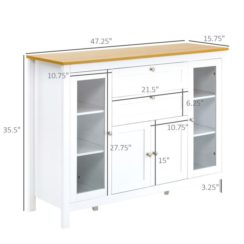 Modern Buffet Cabinet, Storage Sideboard Buffet with Glass Double-Door Cabinet, Drawers for Kitchen, Dining Room, Coffee Bar, Oak/White