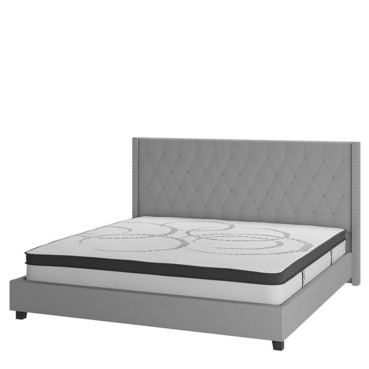 Riverdale Queen Size Tufted Upholstered Platform Bed in Light Gray Fabric with 10 Inch CertiPUR-US Certified Pocket Spring Mattress