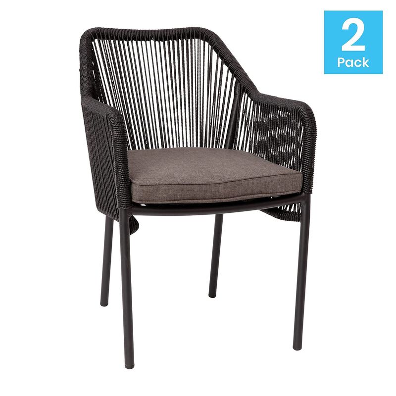 Flash Furniture Kallie Set of 2 Indoor/Outdoor Stacking Club Chairs with Arms - UV Resistant Woven Black Seat & Back - Gray Zippered Cushions - Black Aluminum Frame