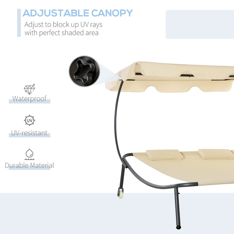 Beige Garden Lounger: Double Chaise with Adjustable Canopy