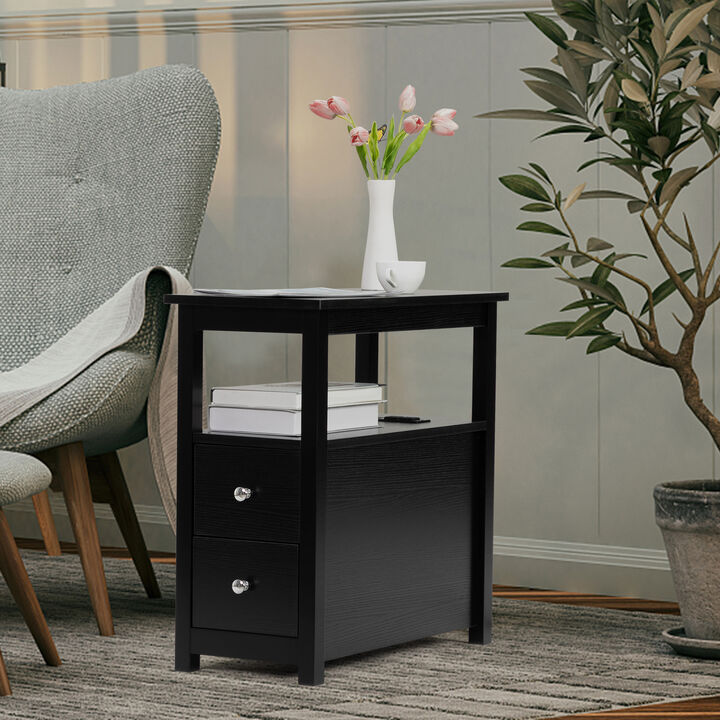 End Table With Charging Station, Narrow Sofa Side Table, Wooden Nightstand, Bedroom, Black