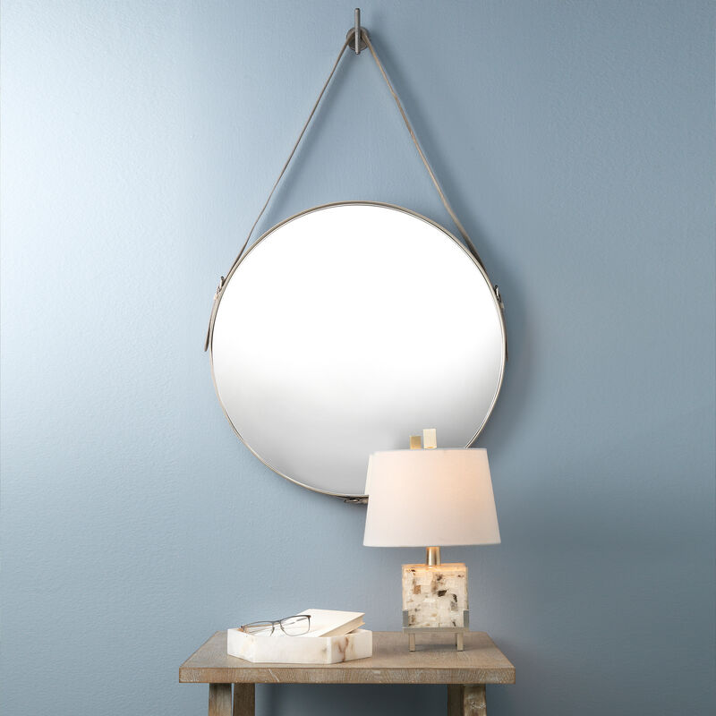 Round Steel Mirror, White Hide