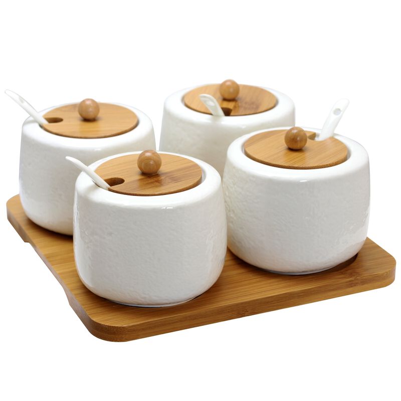 Elama Ceramic Spice, Jam and Salsa Jars with Bamboo Lids & Serving Spoons