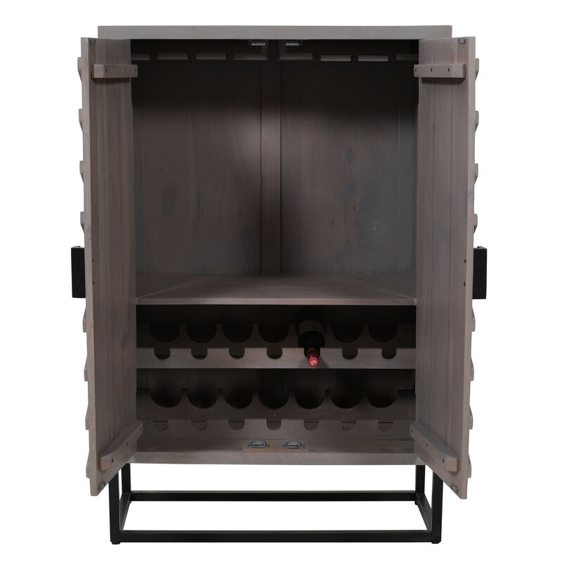 52 Inch Wine Bar Cabinet with Built in Stemware Rack, Bottle Holder in Gray Acacia Wood, Black Iron Metal