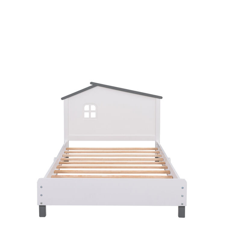 Twin Size Wood Platform Bed with House-shaped Headboard (White+Gray)