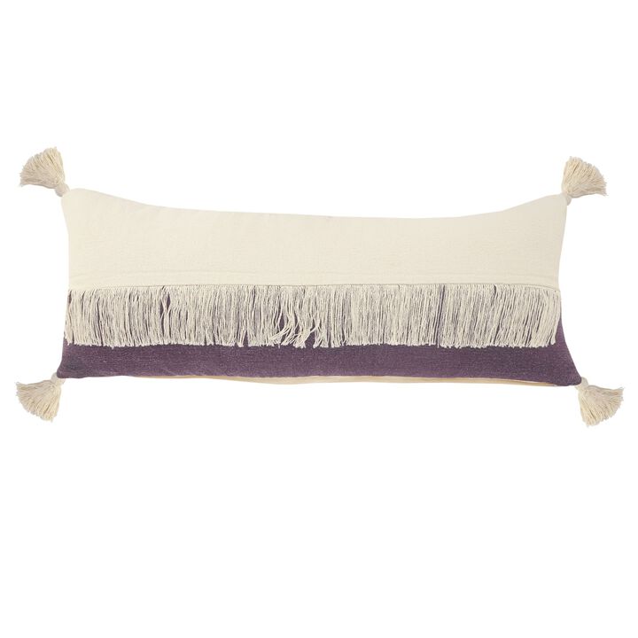 36" Purple and White Fringe Color Block Lumbar Throw Pillow