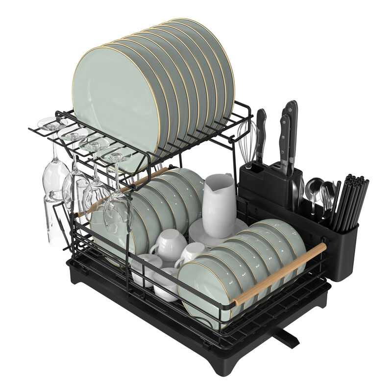 Adjustable Dish Rack With Bamboo Handle Black