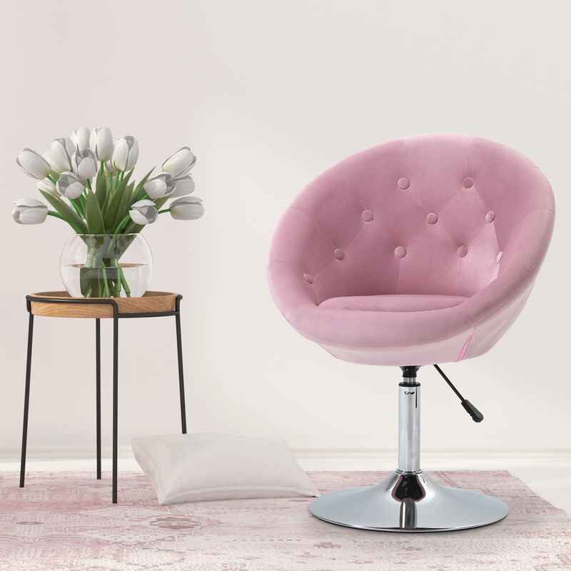 HOMCOM Modern Makeup Vanity Chair Round Tufted Swivel Accent Chair with Chrome Frame Height Adjustable for Living Room, Bedroom Pink