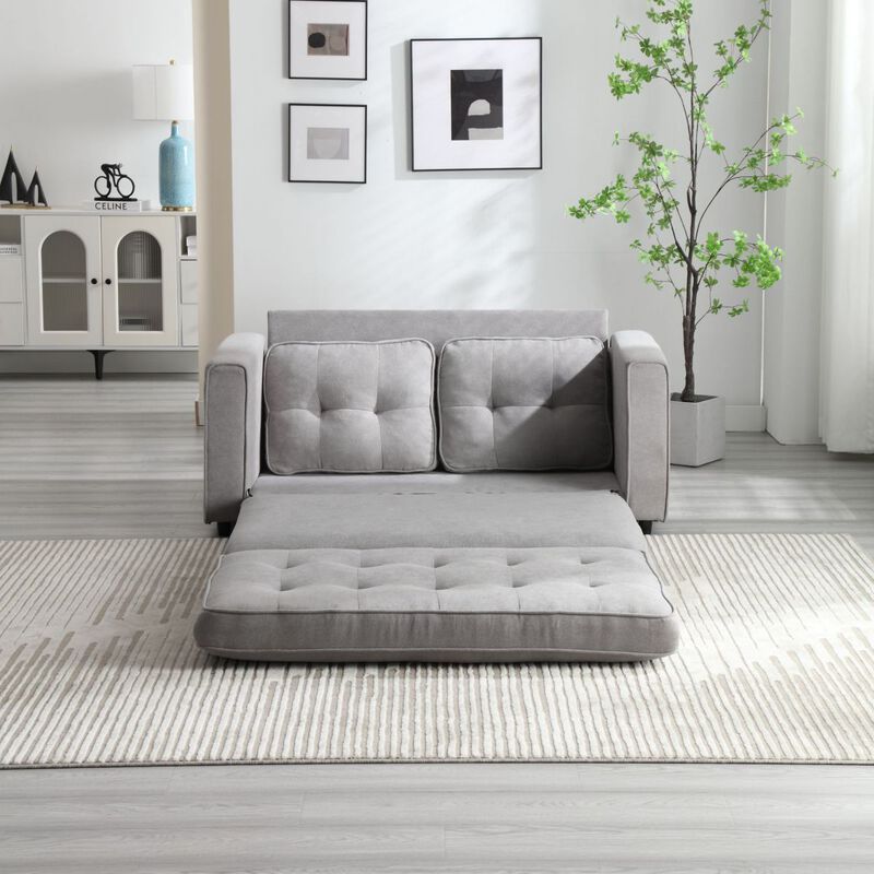 Convertible Sofa Bed Set in Gray & Beige Linen Fabric