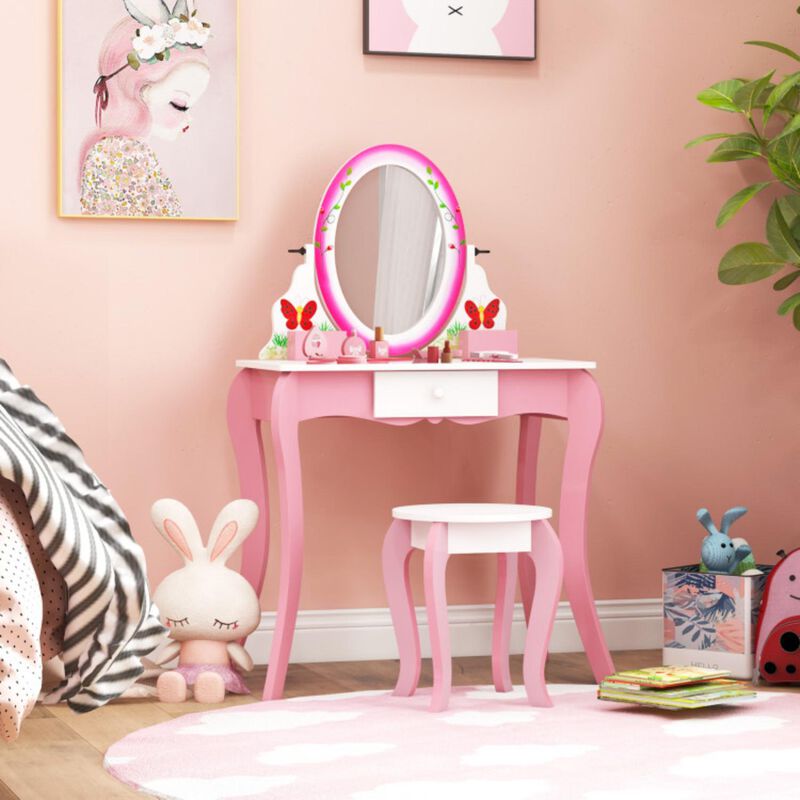 Hivvago Kids Vanity Table and Stool Set with 360° Rotating Mirror and Whiteboard-Pink