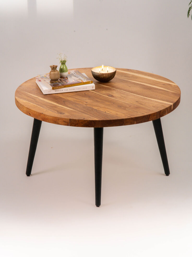 Handmade Eco-Friendly Vintage Acacia Wood & Iron Walnut Black Round Table 32"x32"x18" From BBH Homes