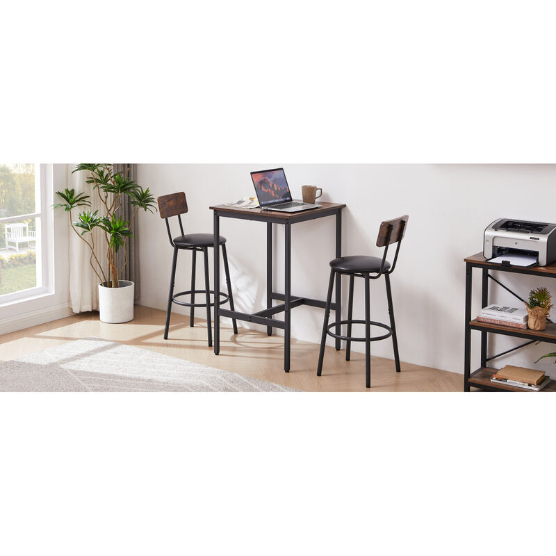 Rustic Brown Bar Table Set with 2 Stools, 23.62" W X 23.62" D X 35.43"