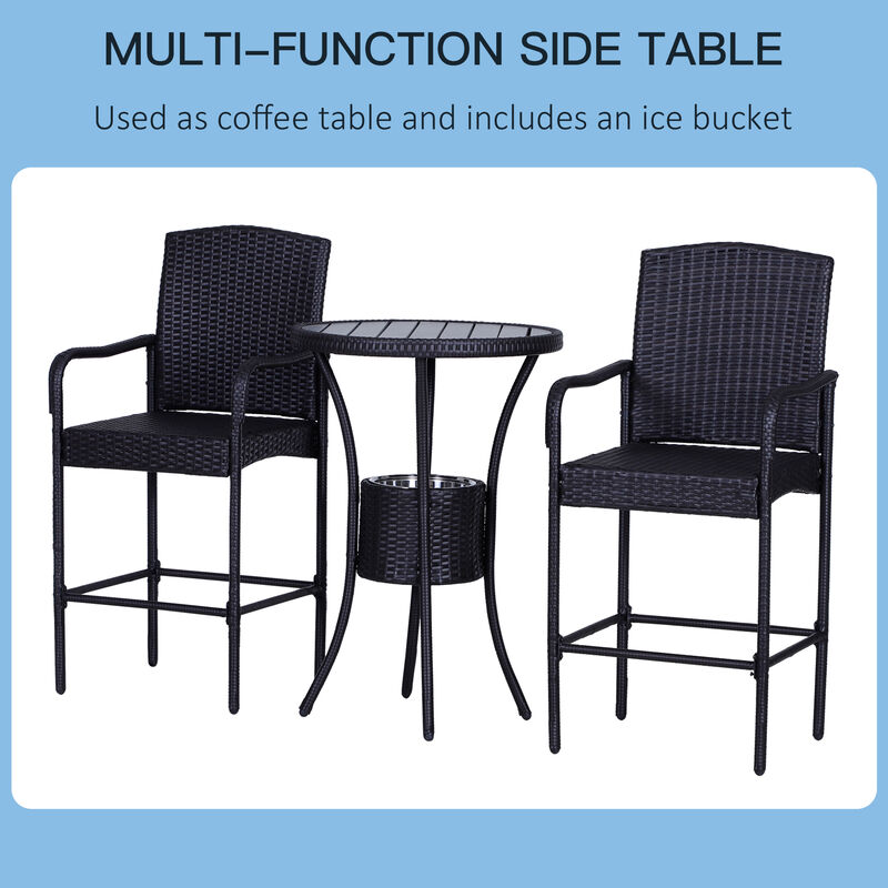 3Pc Rattan Wicker Bistro Set Patio Bar Table Chair Stool Garden