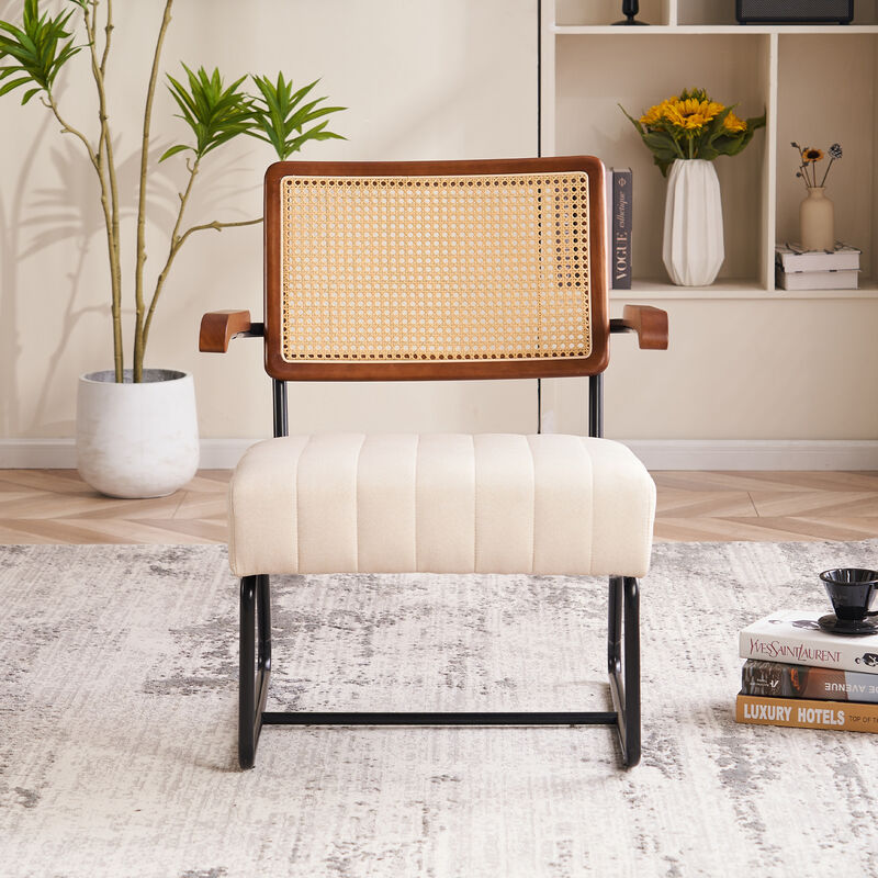 FERPIT Elegant Wicker Upholstered Accent Chair with Wooden Armrests, Ideal for Living Room, Bedroom, Reading, and Offices