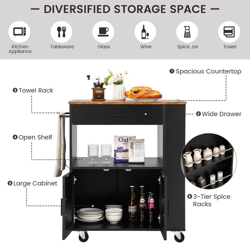 Rolling Kitchen Trolley with 3 Spice Racks Drawer and Open Shelf-Black