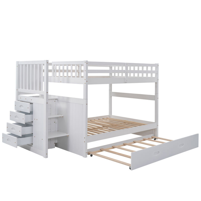 Full over Full Bunk Bed with Twin Size Trundle, White